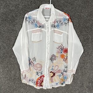 Johnny Was Tocayu Tunic Womens S White Sheer Embroidered Floral Boho Top